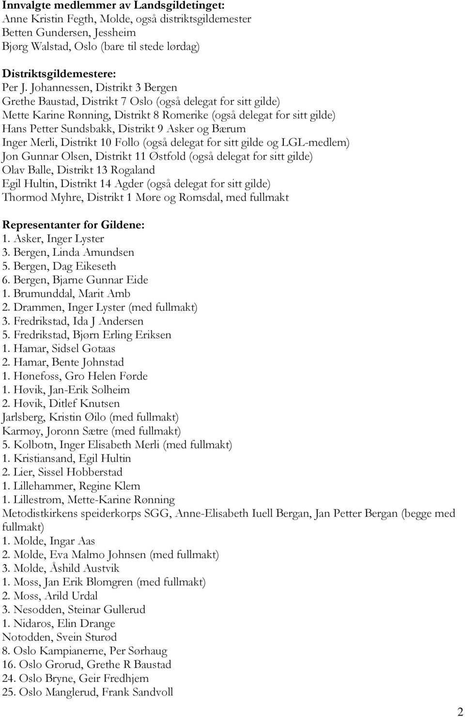 Asker og Bærum Inger Merli, Distrikt 10 Follo (også delegat for sitt gilde og LGL-medlem) Jon Gunnar Olsen, Distrikt 11 Østfold (også delegat for sitt gilde) Olav Balle, Distrikt 13 Rogaland Egil
