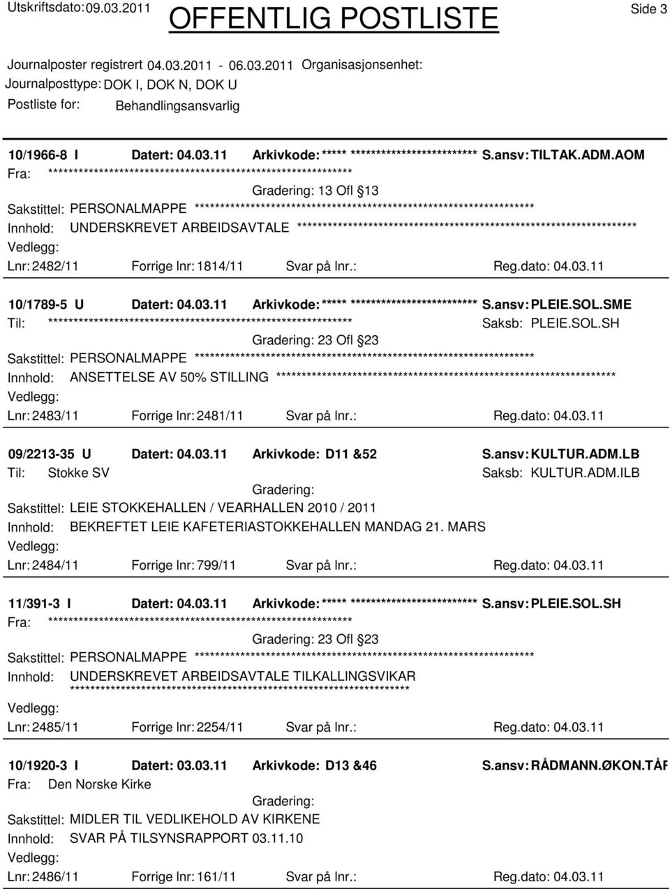 ansv: PLEIE.SOL.SME Saksb: PLEIE.SOL.SH 23 Ofl 23 Sakstittel: PERSONALMAPPE Innhold: ANSETTELSE AV 50% STILLING Lnr: 2483/11 Forrige lnr: 2481/11 Svar på lnr.: Reg.dato: 04.03.