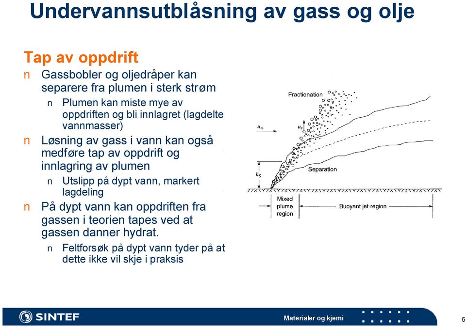 tap av oppdrift og innlagring av plumen Utslipp på dypt vann, markert lagdeling På dypt vann kan oppdriften fra