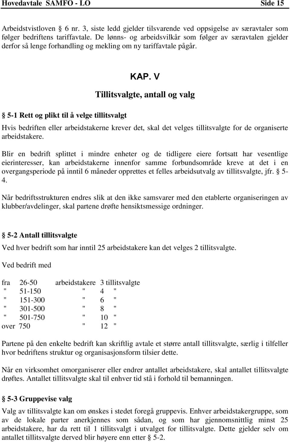 V Tillitsvalgte, antall og valg Hvis bedriften eller arbeidstakerne krever det, skal det velges tillitsvalgte for de organiserte arbeidstakere.