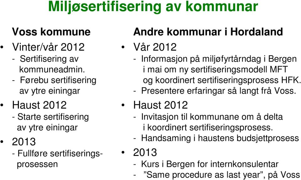 Vår 2012 - Informasjon på miljøfyrtårndag i Bergen i mai om ny sertifiseringsmodell MFT og koordinert sertifiseringsprosess HFK.