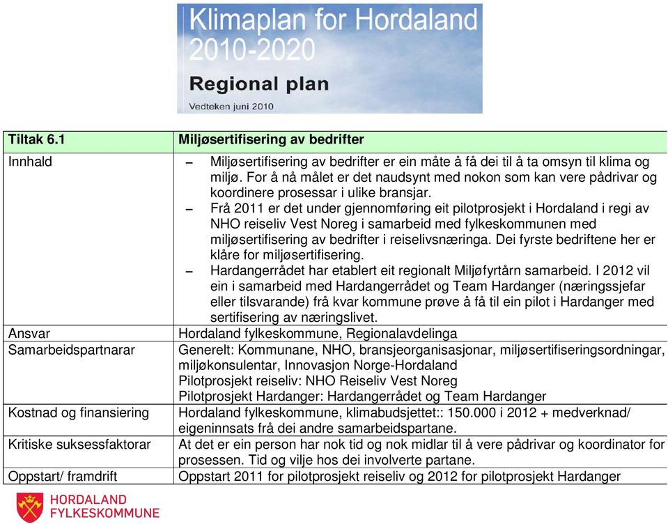 Frå 2011 er det under gjennomføring eit pilotprosjekt i Hordaland i regi av NHO reiseliv Vest Noreg i samarbeid med fylkeskommunen med miljøsertifisering av bedrifter i reiselivsnæringa.