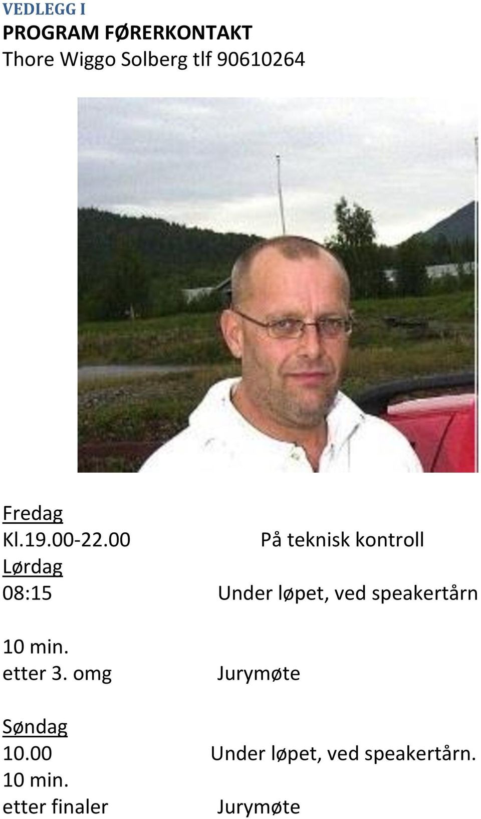 00 På teknisk kontroll Lørdag 08:15 Under løpet, ved