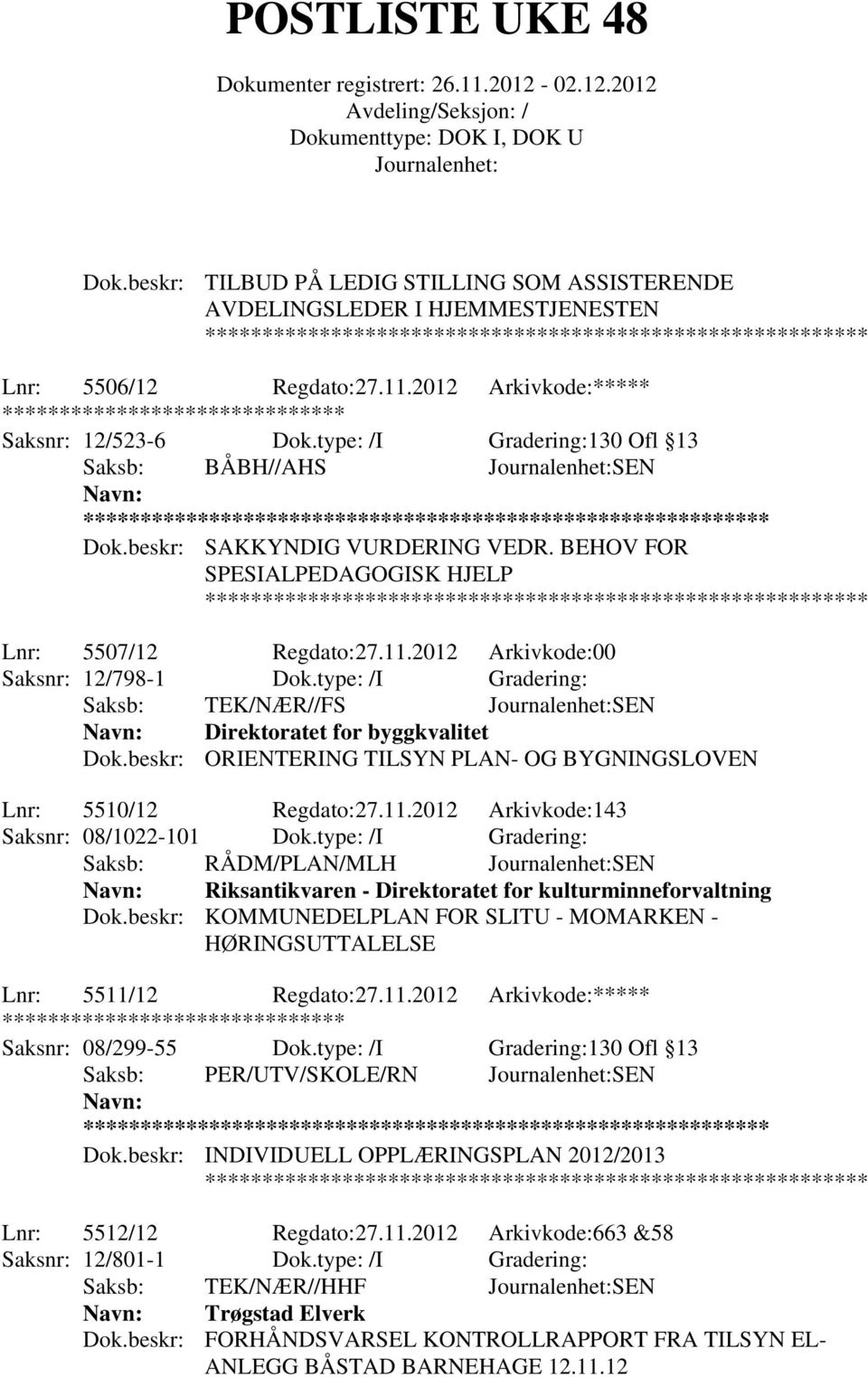 type: /I Gradering: Saksb: TEK/NÆR//FS SEN Direktoratet for byggkvalitet Dok.beskr: ORIENTERING TILSYN PLAN- OG BYGNINGSLOVEN Lnr: 5510/12 Regdato:27.11.2012 Arkivkode:143 Saksnr: 08/1022-101 Dok.