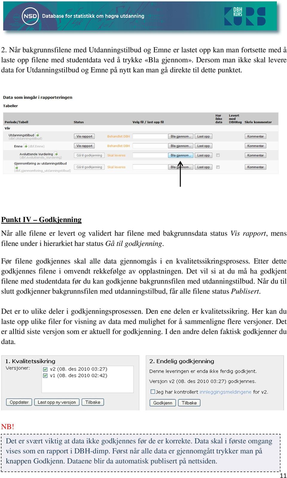 Punkt IV Godkjenning Når alle filene er levert og validert har filene med bakgrunnsdata status Vis rapport, mens filene under i hierarkiet har status Gå til godkjenning.