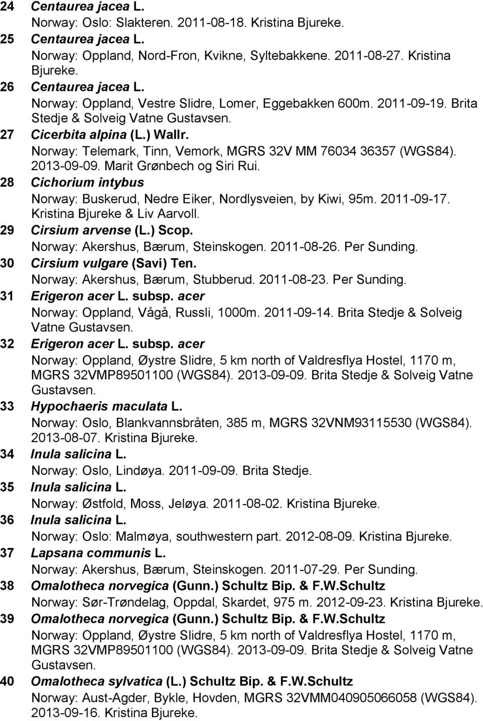Marit Grønbech og Siri Rui. 28 Cichorium intybus Norway: Buskerud, Nedre Eiker, Nordlysveien, by Kiwi, 95m. 2011-09-17. Kristina Bjureke & Liv Aarvoll. 29 Cirsium arvense (L.) Scop.