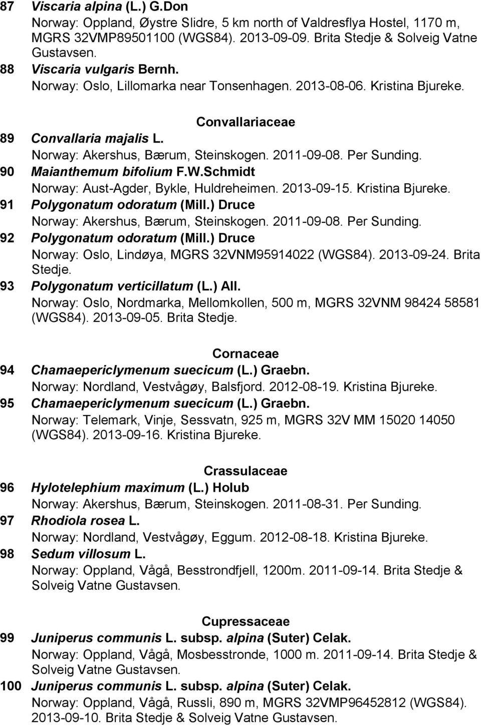 90 Maianthemum bifolium F.W.Schmidt Norway: Aust-Agder, Bykle, Huldreheimen. 2013-09-15. Kristina Bjureke. 91 Polygonatum odoratum (Mill.) Druce Norway: Akershus, Bærum, Steinskogen. 2011-09-08.