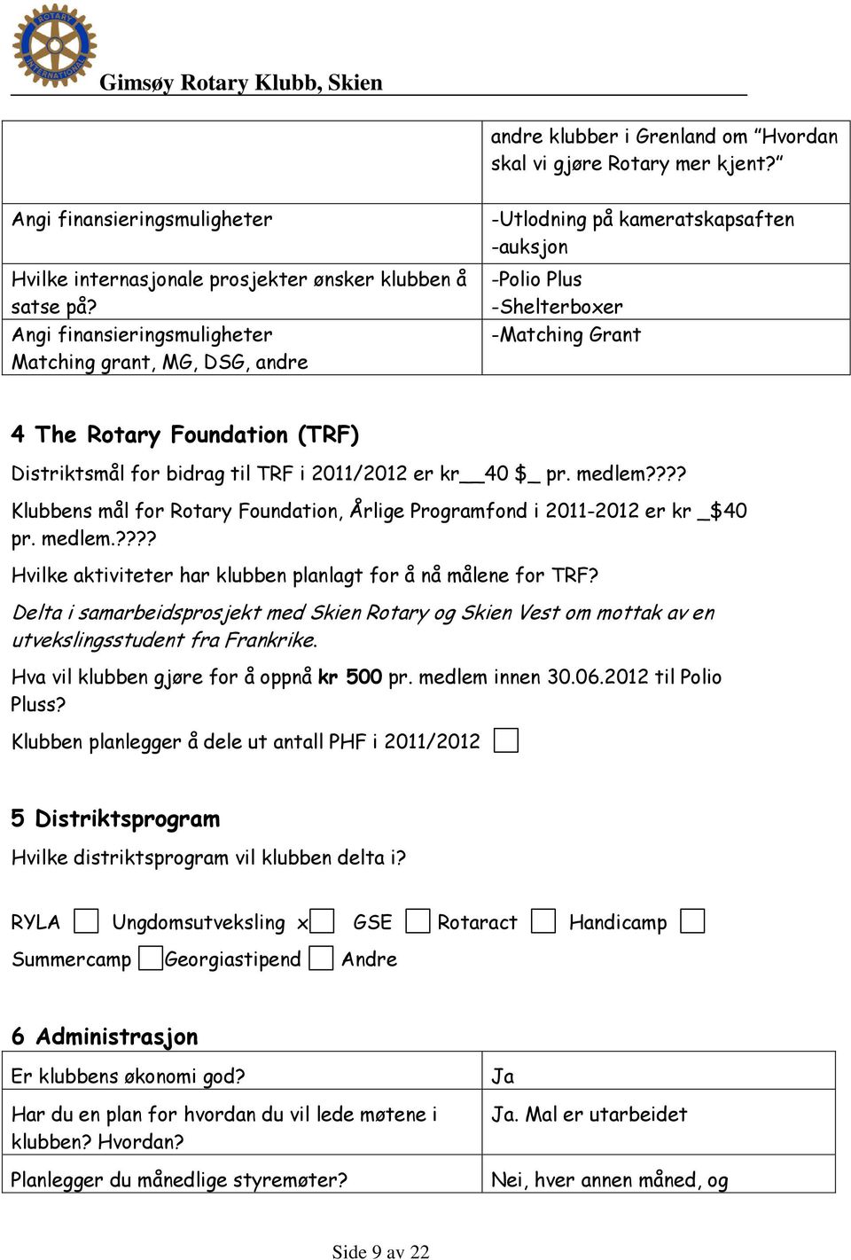 til TRF i 2011/2012 er kr 40 $_ pr. medlem???? Klubbens mål for Rotary Foundation, Årlige Programfond i 2011-2012 er kr _$40 pr. medlem.???? Hvilke aktiviteter har klubben planlagt for å nå målene for TRF?