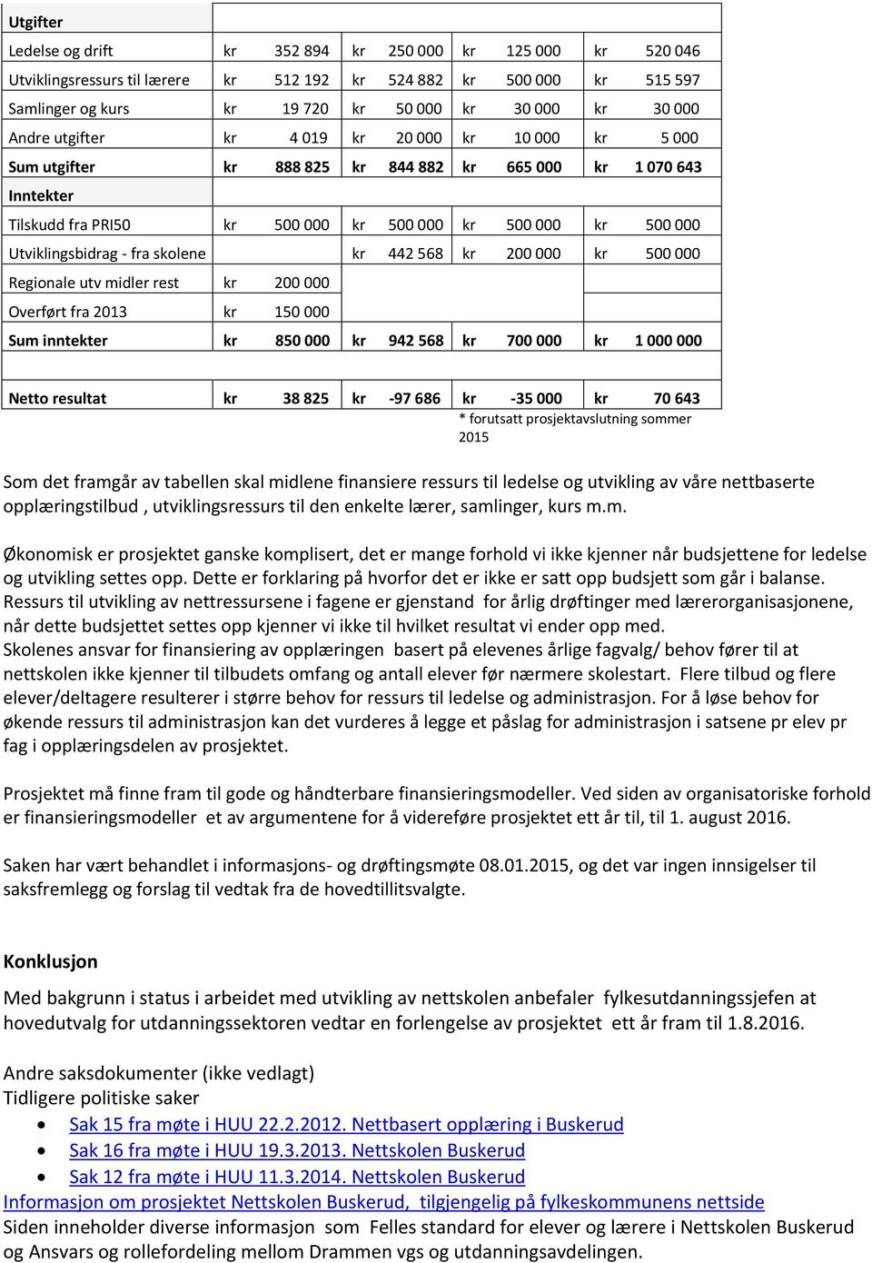 Utviklingsbidrag - fra skolene kr 442 568 kr 200 000 kr 500 000 Regionale utv midler rest kr 200 000 Overført fra 2013 kr 150 000 Sum inntekter kr 850 000 kr 942 568 kr 700 000 kr 1 000 000 Netto