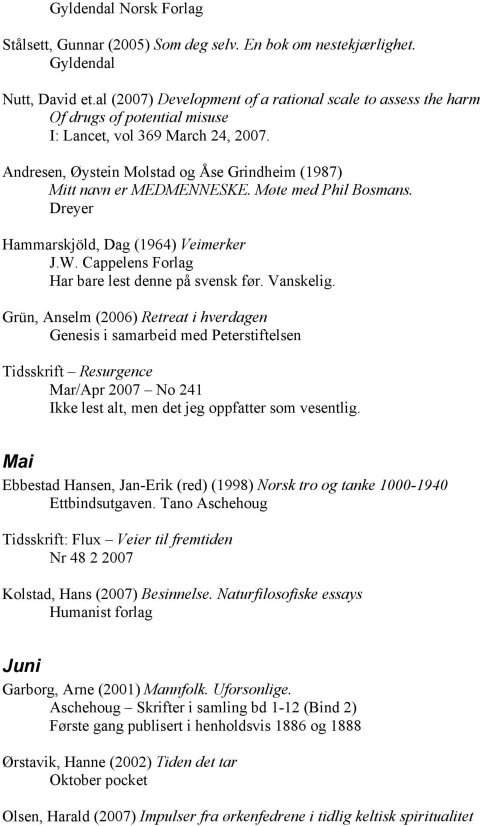 Møte med Phil Bosmans. Dreyer Hammarskjöld, Dag (1964) Veimerker J.W. Cappelens Forlag Har bare lest denne på svensk før. Vanskelig.