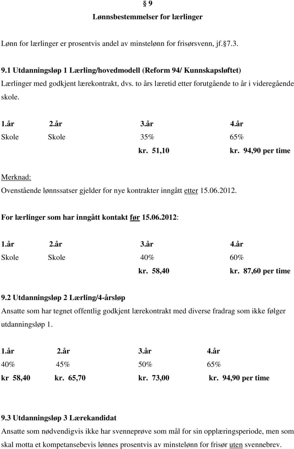 år Skole Skole 35% 65% kr. 51,10 kr. 94,90 per time Merknad: Ovenstående lønnssatser gjelder for nye kontrakter inngått etter 15.06.2012. For lærlinger som har inngått kontakt før 15.06.2012: 1.år 2.