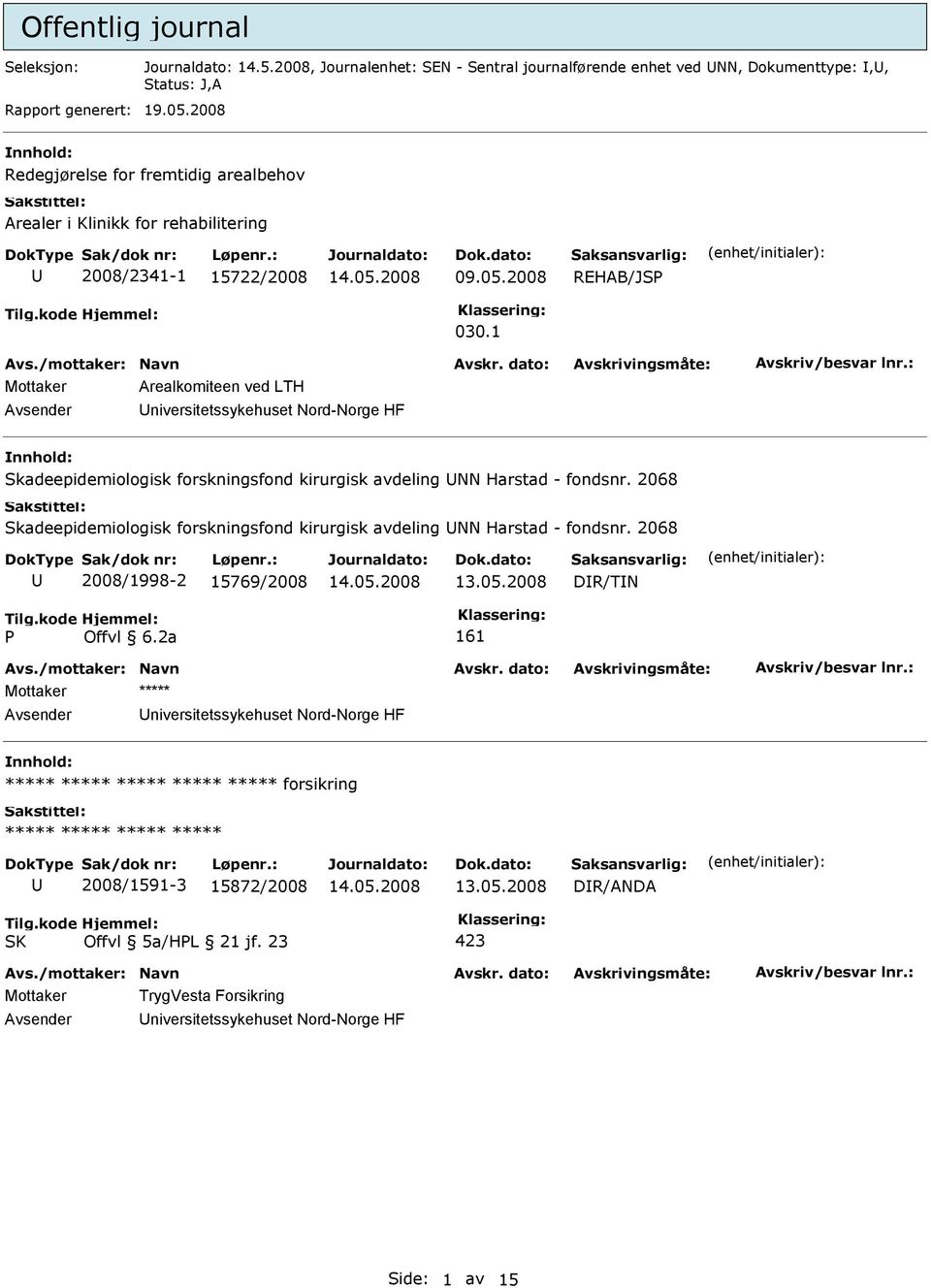 1 Mottaker Arealkomiteen ved LTH niversitetssykehuset Nord-Norge HF Skadeepidemiologisk forskningsfond kirurgisk avdeling NN Harstad - fondsnr.