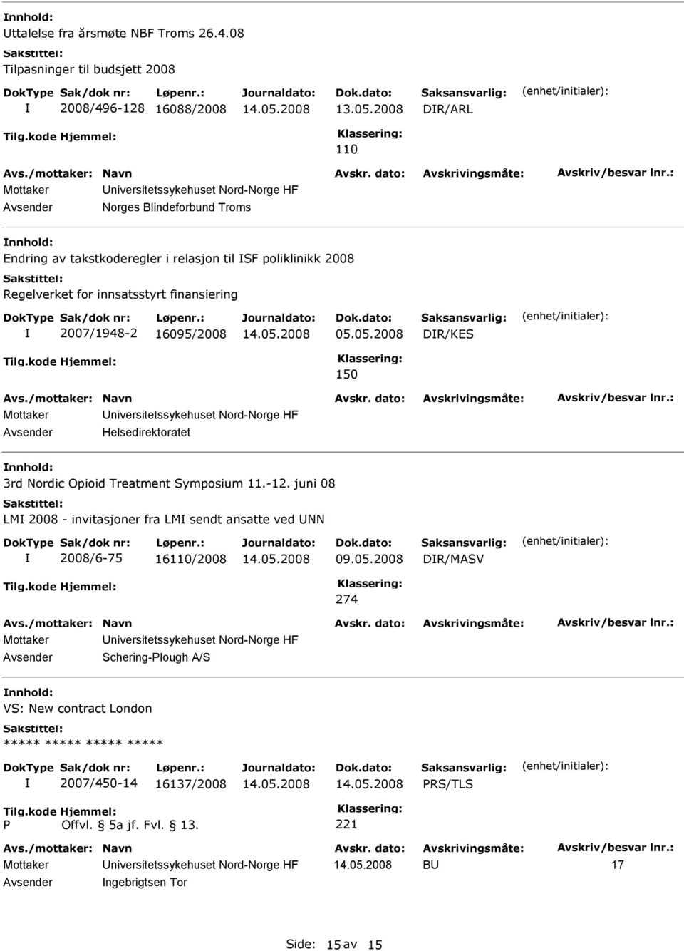 2007/1948-2 16095/2008 05.05.2008 DR/KES 150 Mottaker niversitetssykehuset Nord-Norge HF Helsedirektoratet 3rd Nordic Opioid Treatment Symposium 11.-12.