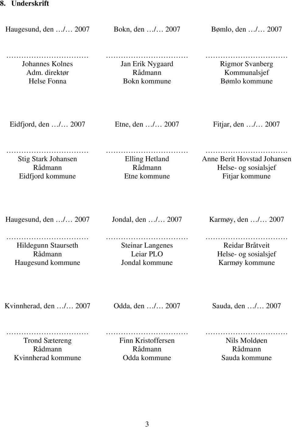 Rådmann Rådmann Helse- og sosialsjef Eidfjord kommune Etne kommune Fitjar kommune Haugesund, den / 2007 Jondal, den / 2007 Karmøy, den / 2007 Hildegunn Staurseth Steinar Langenes Reidar