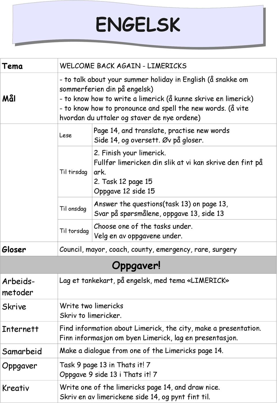 Øv på gloser. 2. Finish your limerick. Fullfør limericken din slik at vi kan skrive den fint på ark. 2. Task 12 page 15 Oppgave 12 side 15 Answer the questions(task 13) on page 13, Svar på spørsmålene, oppgave 13, side 13 Gloser Internett Til torsdag Choose one of the tasks under.