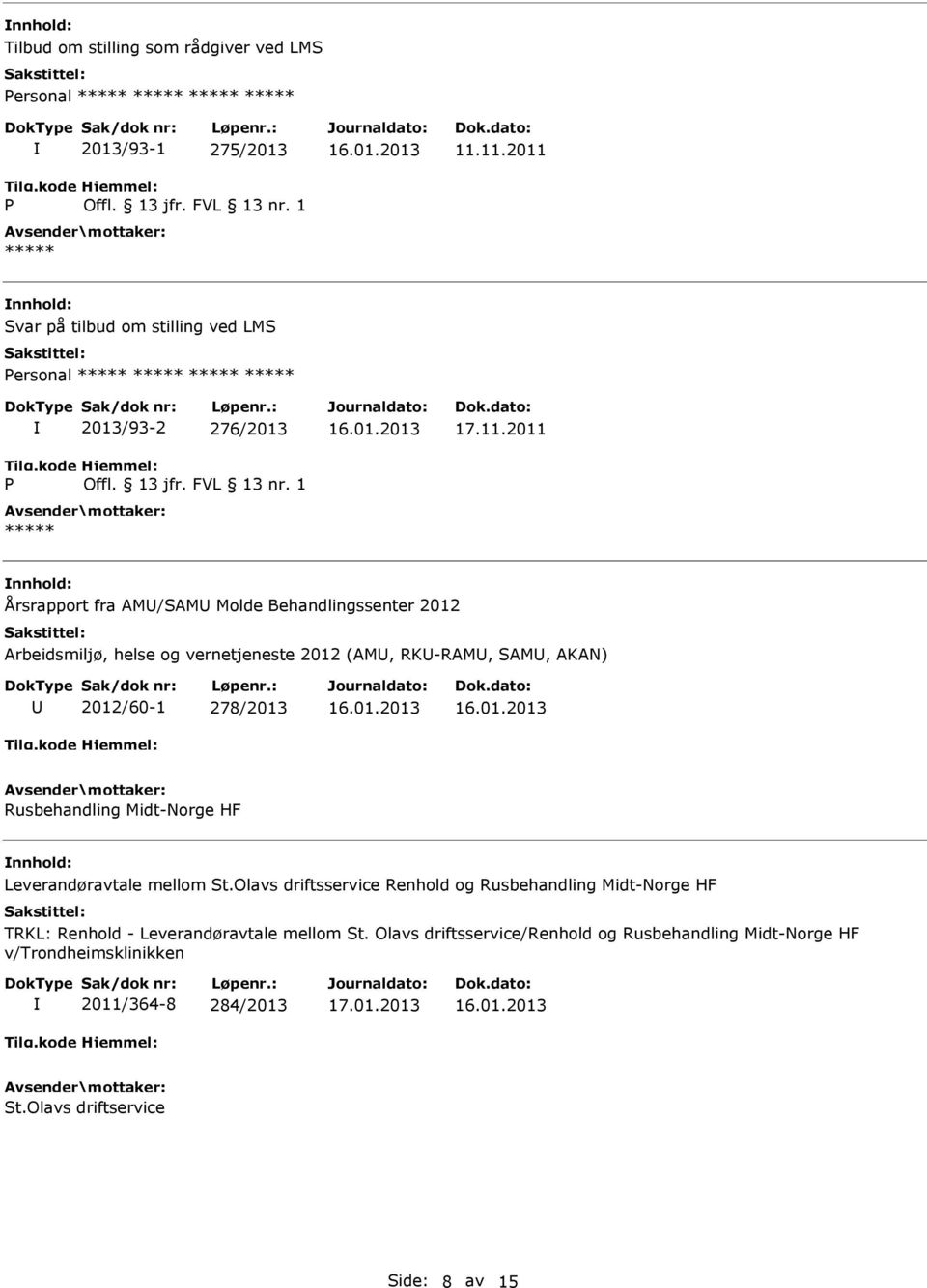 2012 Arbeidsmiljø, helse og vernetjeneste 2012 (AM, RK-RAM, SAM, AKAN) 2012/60-1 278/2013 Rusbehandling Midt-Norge HF Leverandøravtale mellom St.