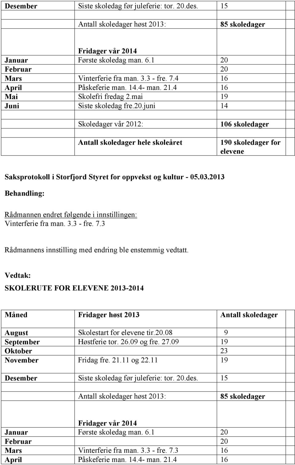 juni 14 Skoledager vår 2012: Antall skoledager hele skoleåret 106 skoledager 190 skoledager for elevene Rådmannen endret følgende i innstillingen: Vinterferie fra man. 3.3 - fre. 7.