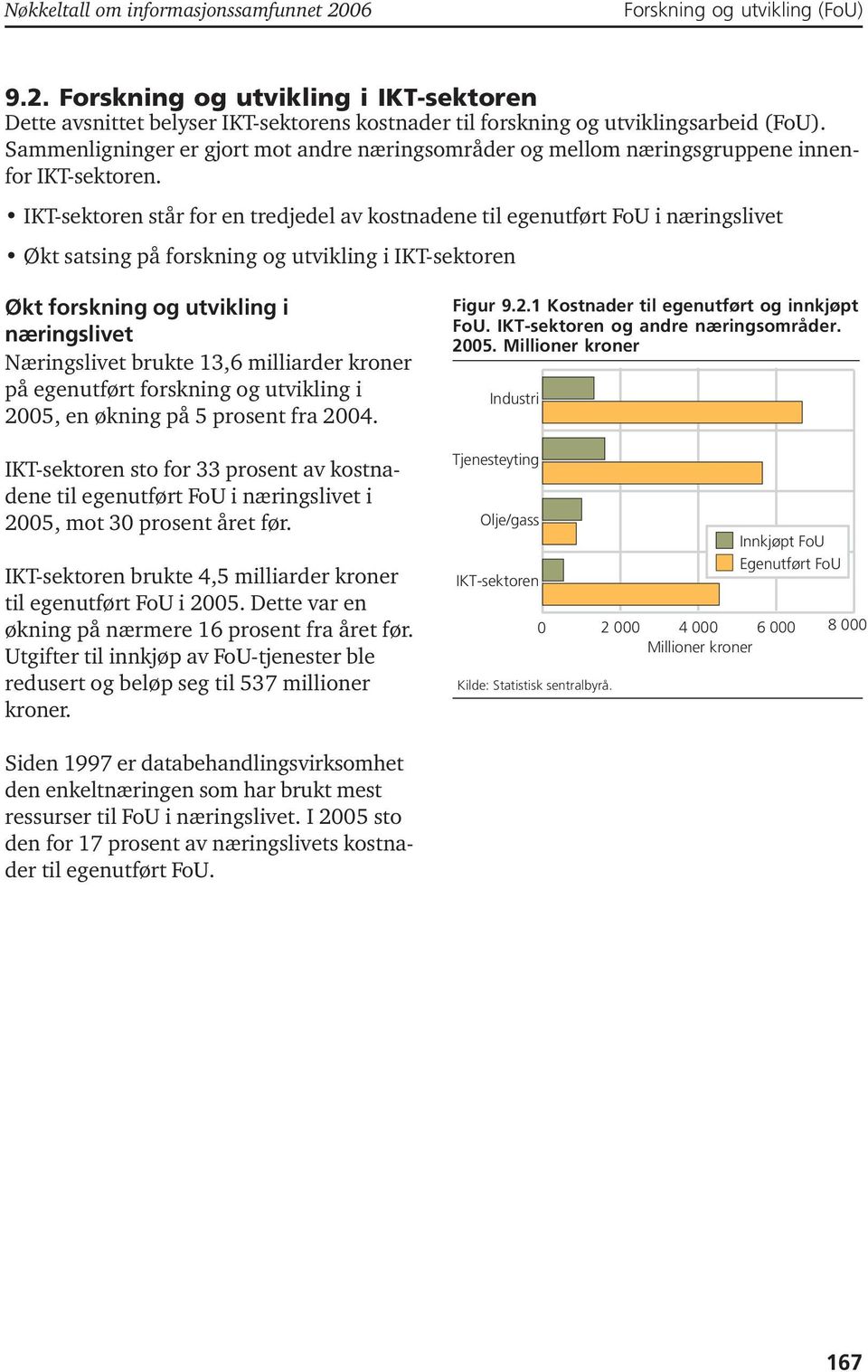 IKT-sektoren står for en tredjedel av kostnadene til egenutført FoU i næringslivet Økt satsing på forskning og utvikling i IKT-sektoren Økt forskning og utvikling i næringslivet Næringslivet brukte