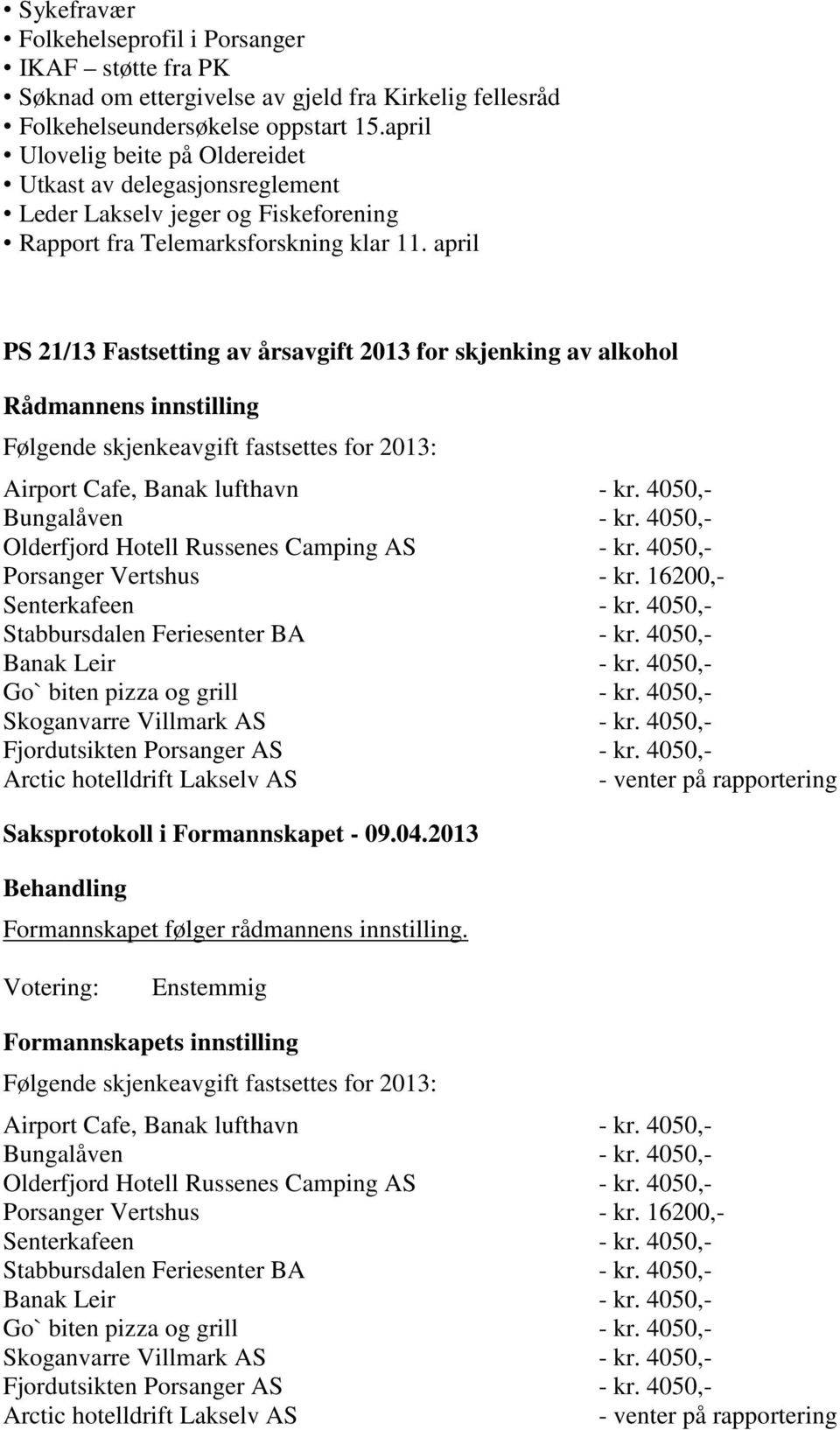 april PS 21/13 Fastsetting av årsavgift 2013 for skjenking av alkohol Følgende skjenkeavgift fastsettes for 2013: Airport Cafe, Banak lufthavn - kr. 4050,- Bungalåven - kr.