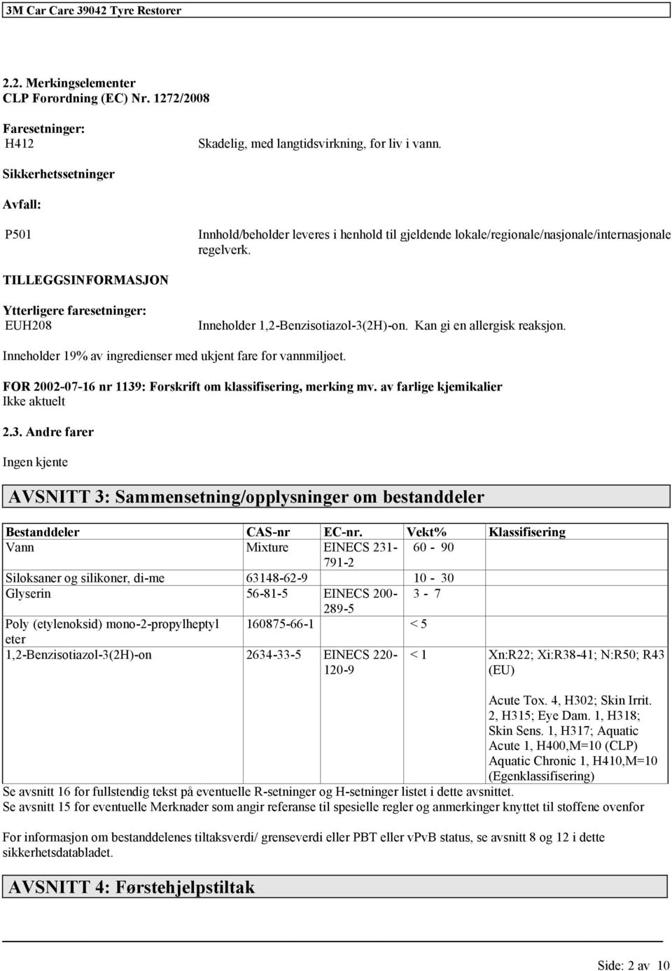 Kan gi en allergisk reaksjon. Inneholder 19% av ingredienser med ukjent fare vannmiljøet. FOR 2002-07-16 nr 1139