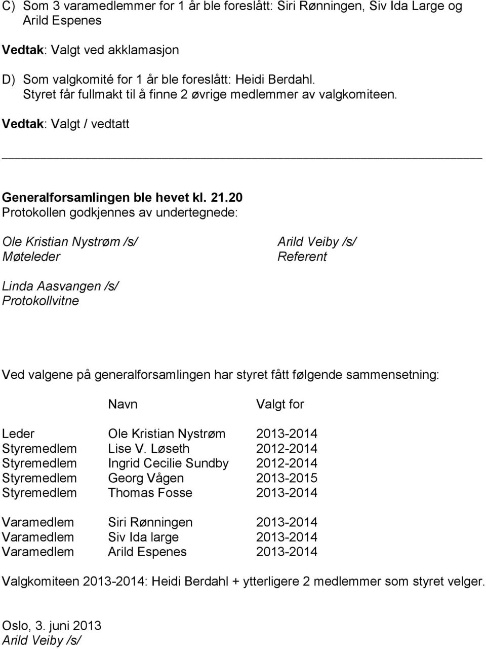 20 Protokollen godkjennes av undertegnede: Ole Kristian Nystrøm /s/ Møteleder Arild Veiby /s/ Referent Linda Aasvangen /s/ Protokollvitne Ved valgene på generalforsamlingen har styret fått følgende