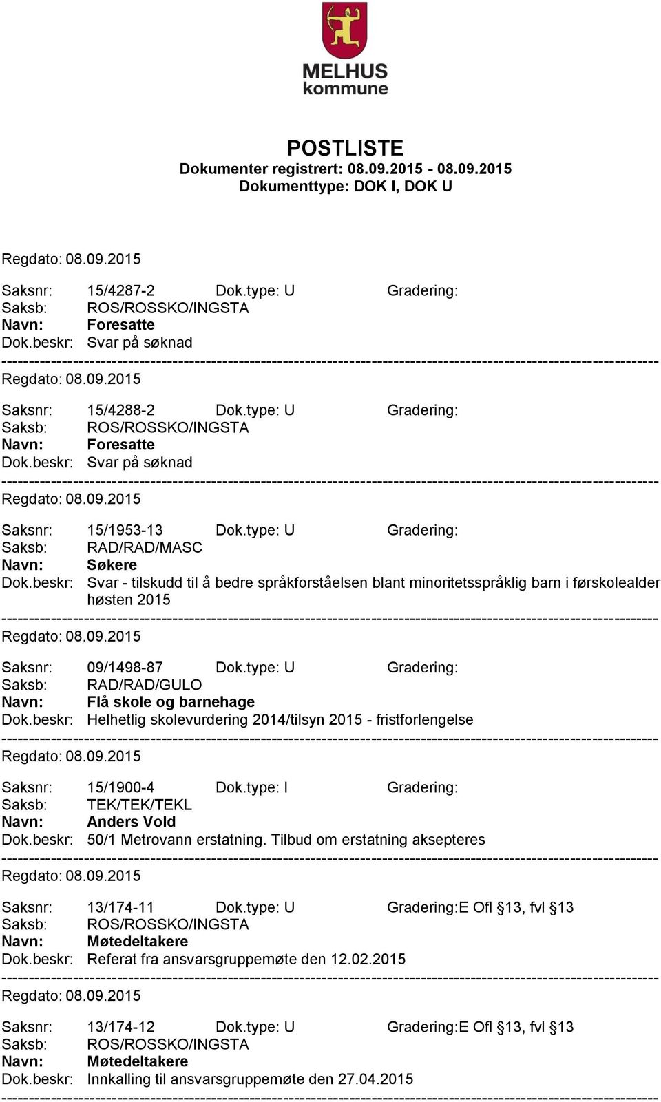 type: U Gradering: Saksb: RAD/RAD/GULO Navn: Flå skole og barnehage Dok.beskr: Helhetlig skolevurdering 2014/tilsyn 2015 - fristforlengelse Saksnr: 15/1900-4 Dok.