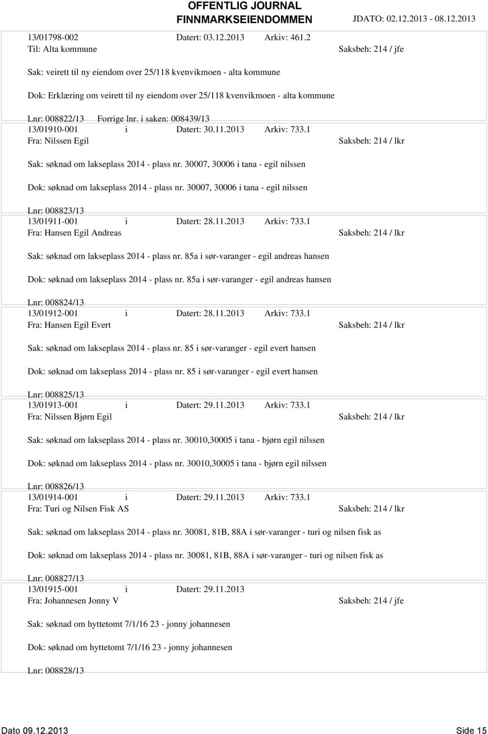 i saken: 008439/13 13/01910-001 i Datert: 30.11.2013 Arkiv: 733.1 Fra: Nilssen Egil Sak: søknad om lakseplass 2014 - plass nr.