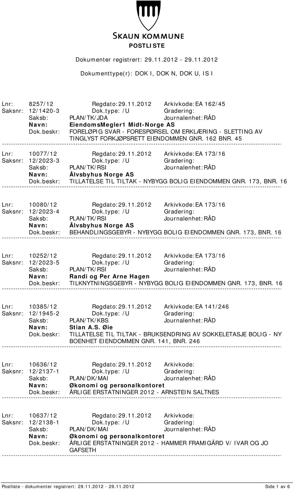 45 Lnr: 10077/12 Regdato:29.11.2012 Arkivkode:EA 173/16 Saksnr: 12/2023-3 Dok.
