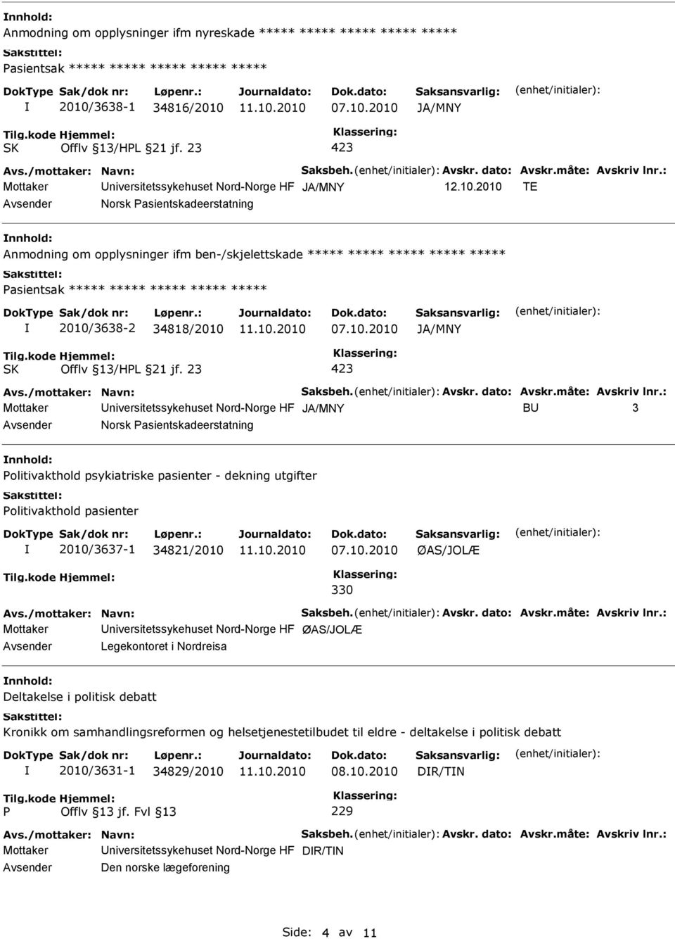 JA/MNY Mottaker niversitetssykehuset Nord-Norge HF JA/MNY 12.10.