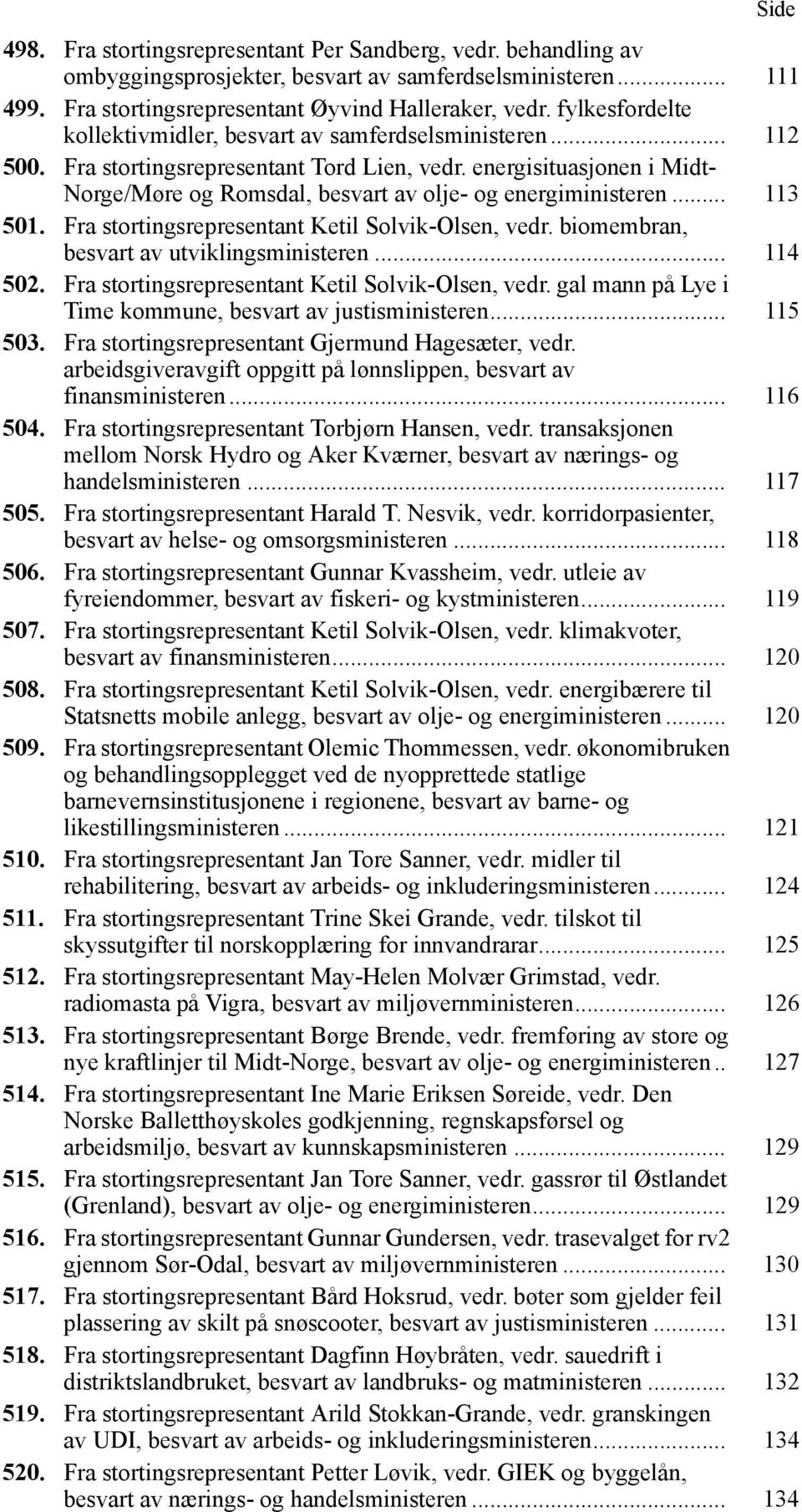 energisituasjonen i Midt- Norge/Møre og Romsdal, besvart av olje- og energiministeren... 113 501. Fra stortingsrepresentant Ketil Solvik-Olsen, vedr. biomembran, besvart av utviklingsministeren.
