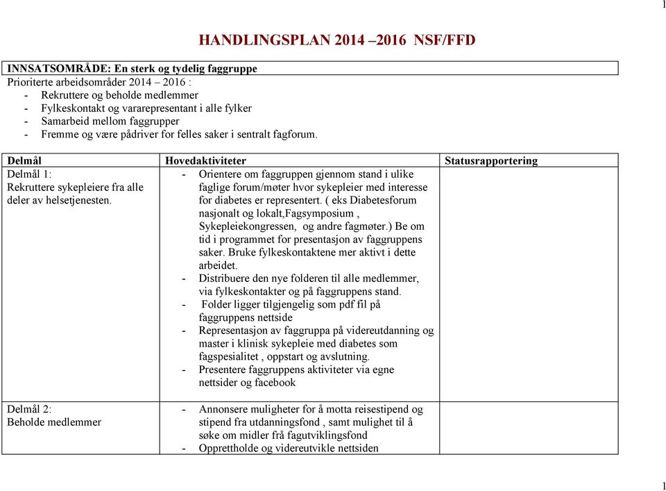 HANDLINGSPLAN 2014 2016 NSF/FFD Delmål Hovedaktiviteter Statusrapportering Delmål 1: Rekruttere sykepleiere fra alle deler av helsetjenesten.