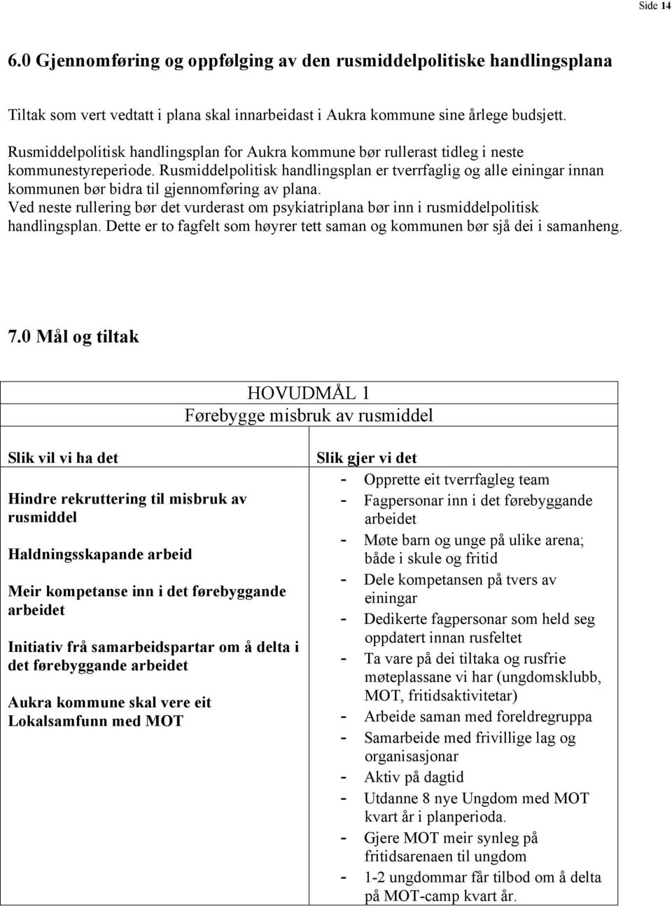 Rusmiddelpolitisk handlingsplan er tverrfaglig og alle einingar innan kommunen bør bidra til gjennomføring av plana.