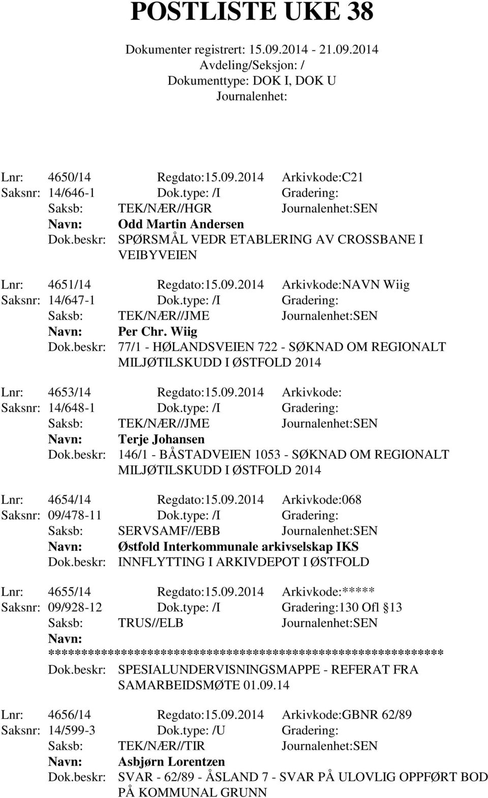 2014 Arkivkode: Saksnr: 14/648-1 Dok.type: /I Gradering: Saksb: TEK/NÆR//JME SEN Terje Johansen Dok.