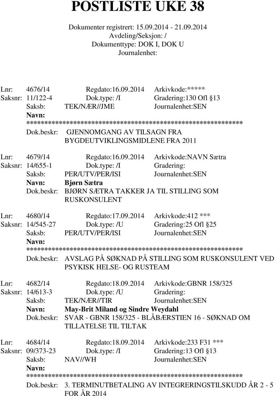 type: /I Gradering: Saksb: PER/UTV/PER/ISI SEN Bjørn Sætra Dok.beskr: BJØRN SÆTRA TAKKER JA TIL STILLING SOM RUSKONSULENT Lnr: 4680/14 Regdato:17.09.2014 Arkivkode:412 *** Saksnr: 14/545-27 Dok.