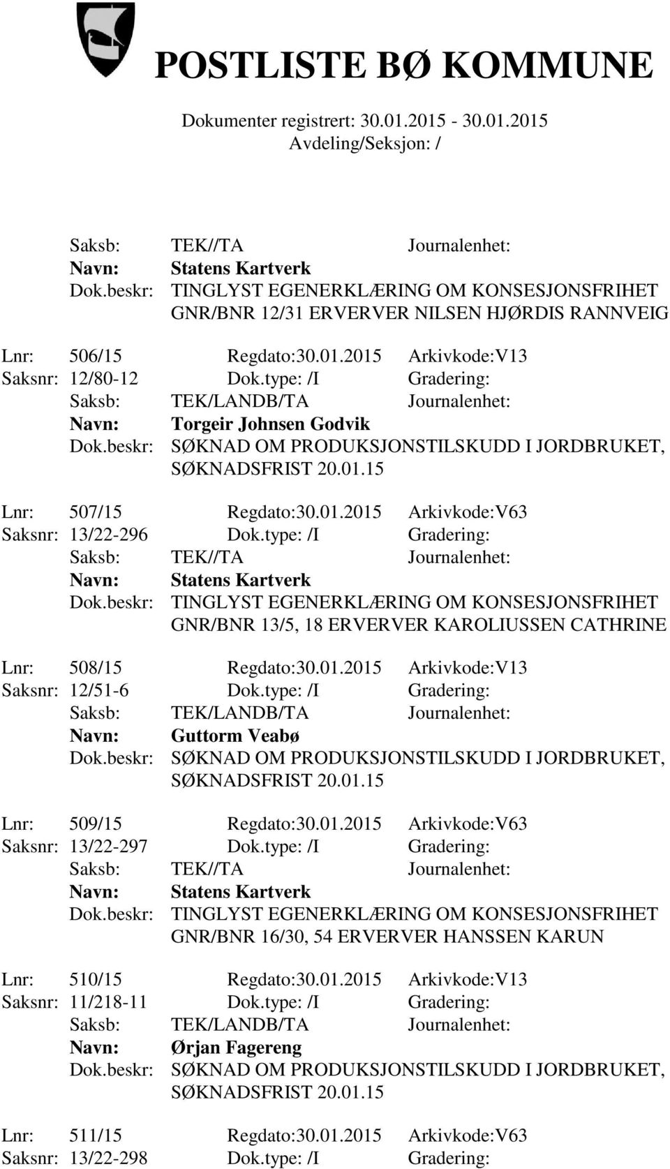 type: /I Gradering: GNR/BNR 13/5, 18 ERVERVER KAROLIUSSEN CATHRINE Lnr: 508/15 Regdato:30.01.2015 Arkivkode:V13 Saksnr: 12/51-6 Dok.