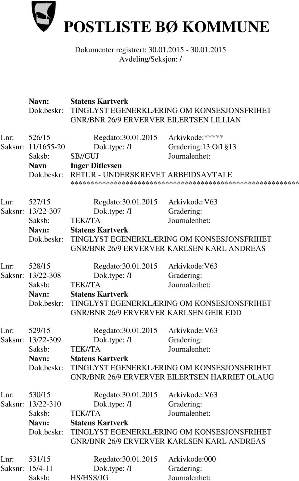 type: /I Gradering: GNR/BNR 26/9 ERVERVER KARLSEN KARL ANDREAS Lnr: 528/15 Regdato:30.01.2015 Arkivkode:V63 Saksnr: 13/22-308 Dok.