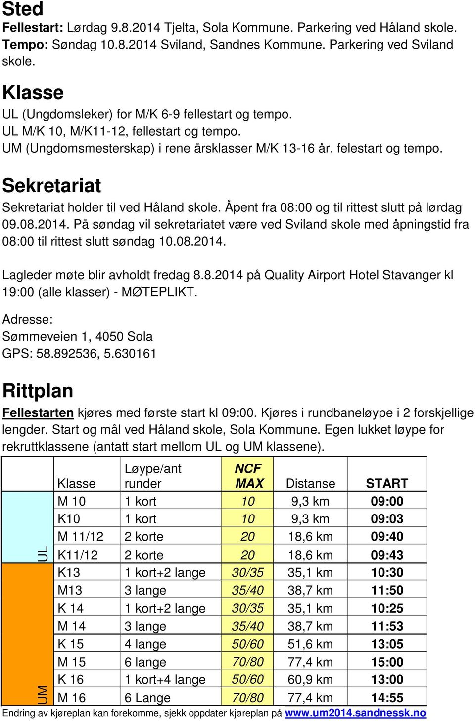 Sekretariat Sekretariat holder til ved Håland skole. Åpent fra 08:00 og til rittest slutt på lørdag 09.08.2014.