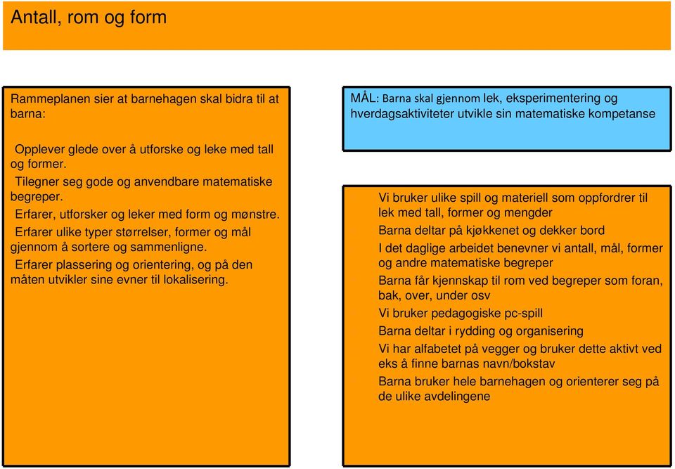 Erfarer ulike typer størrelser, former og mål gjennom å sortere og sammenligne. Erfarer plassering og orientering, og på den måten utvikler sine evner til lokalisering.