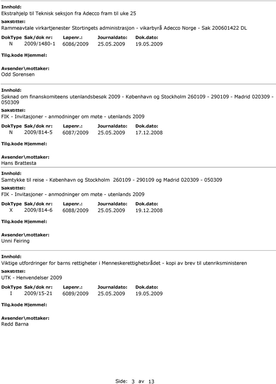 6087/2009 17.12.2008 Samtykke til reise - København og Stockholm 260109-290109 og Madrid 020309-050309 FK - nvitasjoner - anmodninger om møte - utenlands 2009 X 2009/814-6 6088/2009 19.