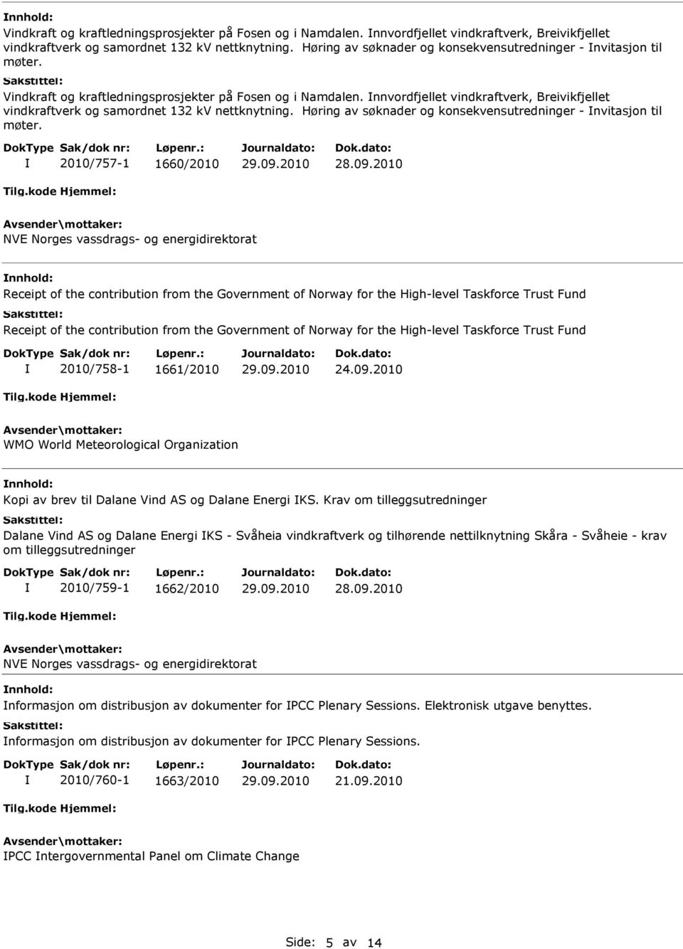 2010/757-1 1660/2010 NVE Norges vassdrags- og energidirektorat Receipt of the contribution from the Government of Norway for the High-level Taskforce Trust Fund Receipt of the contribution from the