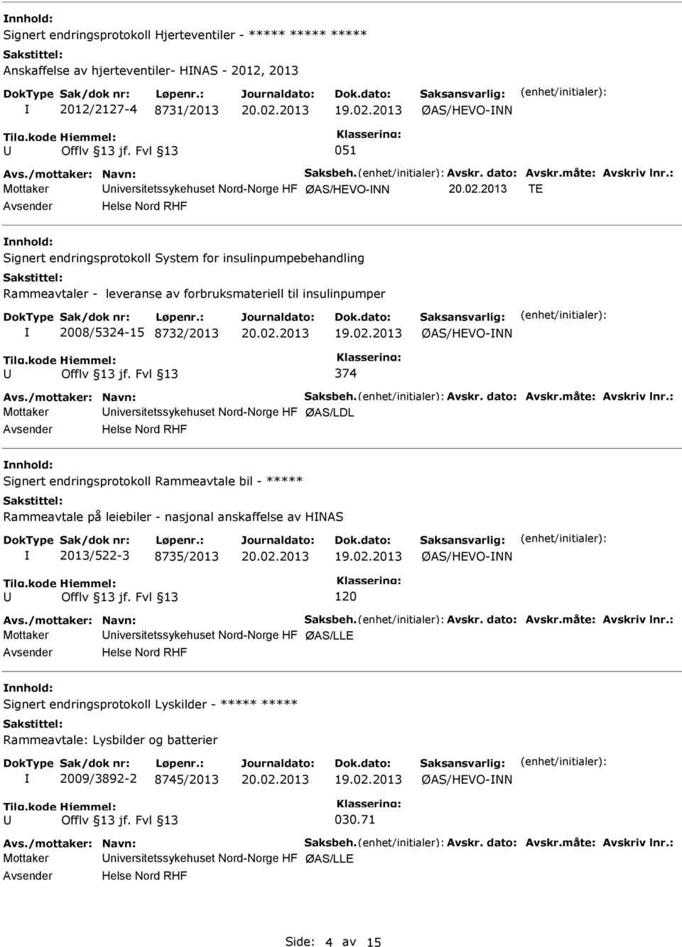 : Mottaker niversitetssykehuset Nord-Norge HF ØAS/HEVO-NN TE nnhold: Signert endringsprotokoll System for insulinpumpebehandling Rammeavtaler - leveranse av forbruksmateriell til insulinpumper