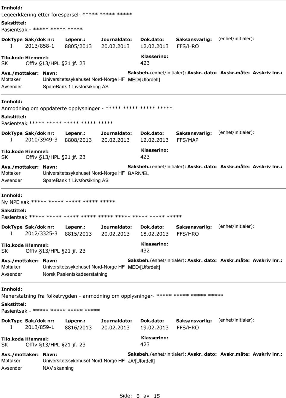 ***** 2010/3949-3 8808/2013 12.02.2013 FFS/MAP Avs./mottaker: Navn: Saksbeh. Avskr. dato: Avskr.måte: Avskriv lnr.