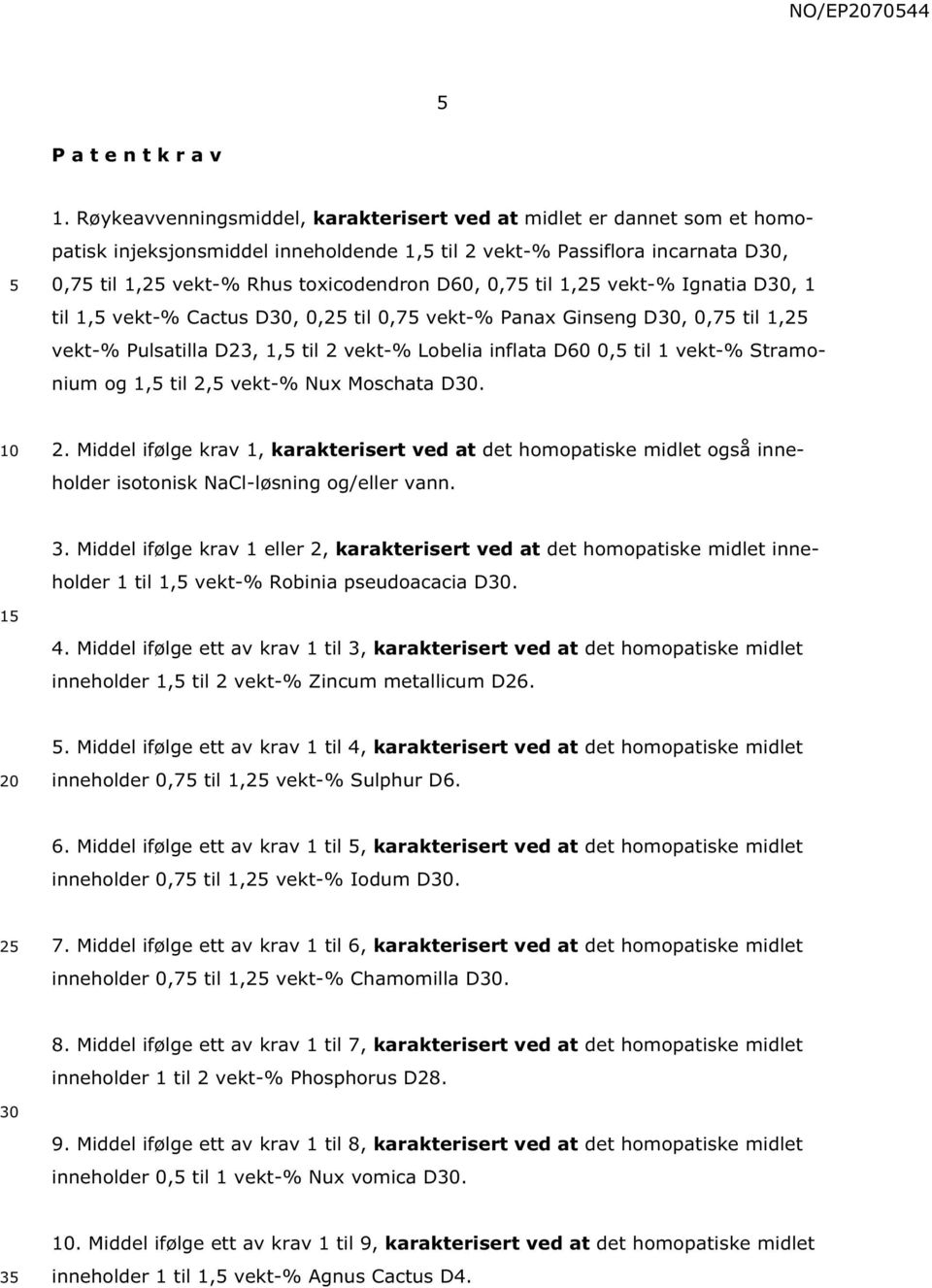 1,2 vekt-% Ignatia D, 1 til 1, vekt-% Cactus D, 0,2 til 0,7 vekt-% Panax Ginseng D, 0,7 til 1,2 vekt-% Pulsatilla D23, 1, til 2 vekt-% Lobelia inflata D60 0, til 1 vekt-% Stramonium og 1, til 2,