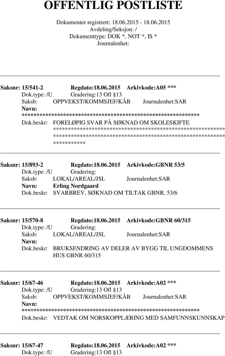 beskr: SVARBREV, SØKNAD OM TILTAK GBNR. 53/6 Saksnr: 15/570-8 Regdato:18.06.2015 Arkivkode:GBNR 60/315 Saksb: LOKAL/AREAL/JSL SAR Dok.