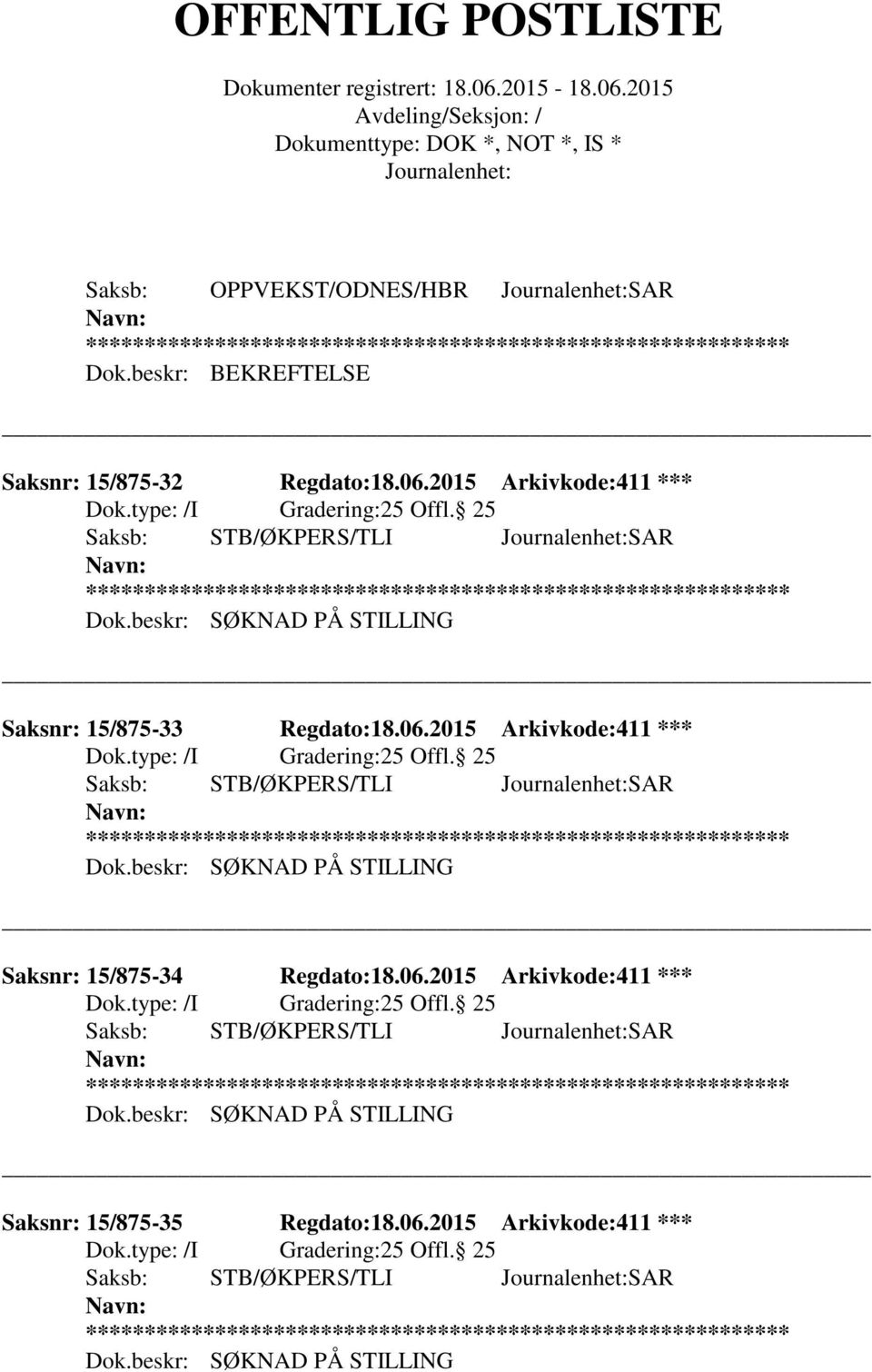 25 Saksb: STB/ØKPERS/TLI SAR ** Dok.beskr: SØKNAD PÅ STILLING Saksnr: 15/875-34 Regdato:18.06.2015 Arkivkode:411 *** Dok.type: /I Gradering:25 Offl.