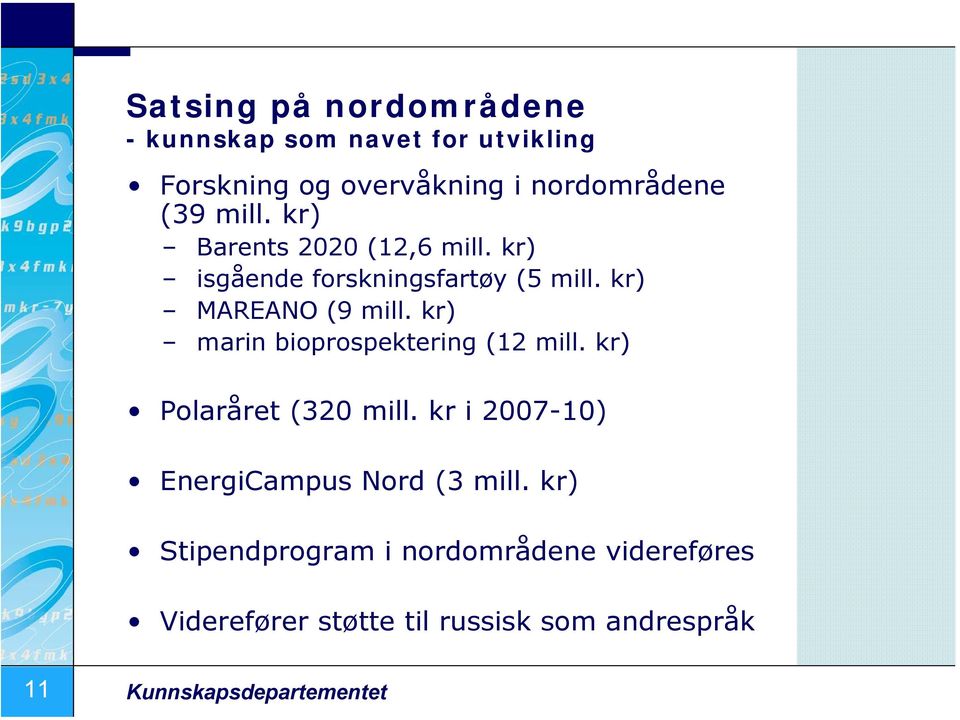 kr) marin bioprospektering (12 mill. kr) Polaråret (320 mill. kr i 2007-10) EnergiCampus Nord (3 mill.