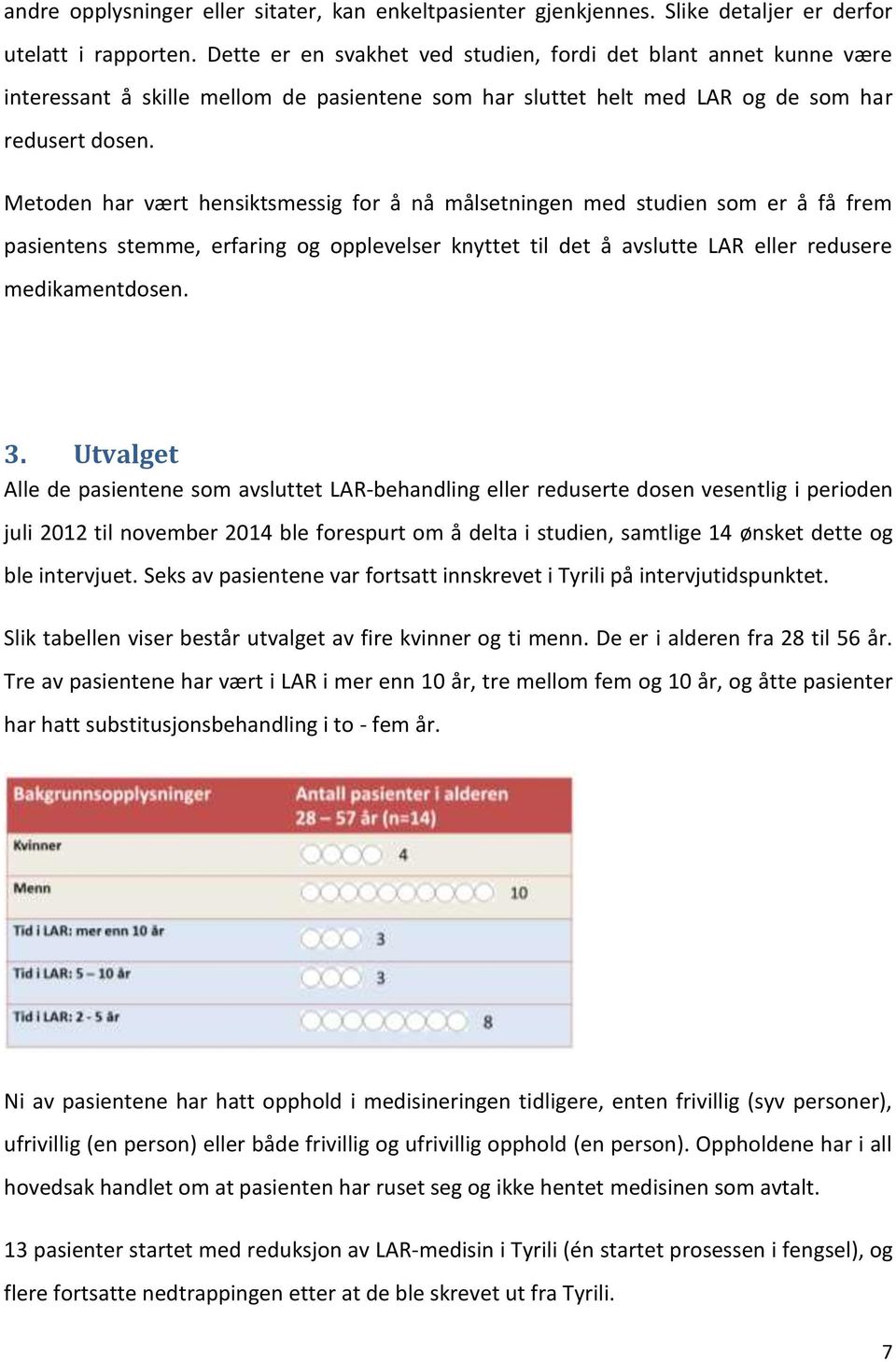 Metoden har vært hensiktsmessig for å nå målsetningen med studien som er å få frem pasientens stemme, erfaring og opplevelser knyttet til det å avslutte LAR eller redusere medikamentdosen. 3.