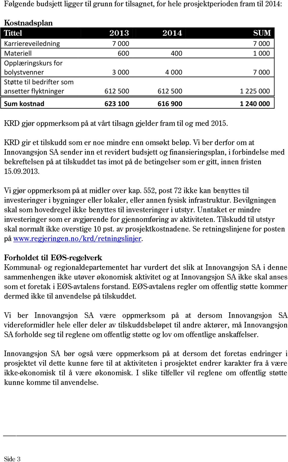 med 2015. KRD gir et tilskudd som er noe mindre enn omsøkt beløp.