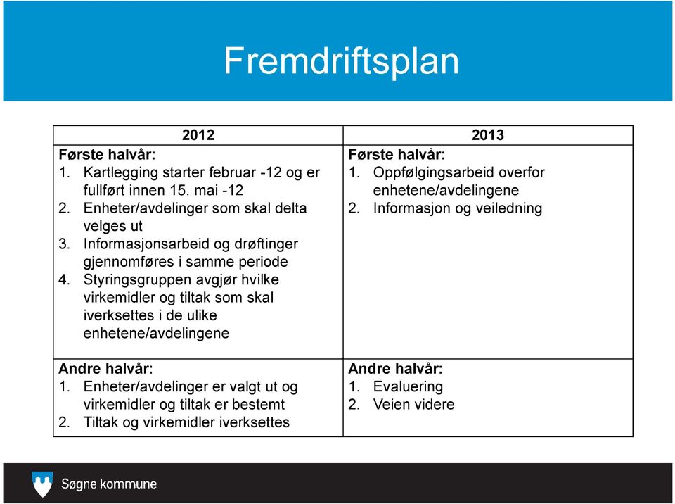 Styringsgruppen avgjør hvilke virkemidler og tiltak som skal iverksettes i de ulike enhetene/avdelingene Første halvår: 1.