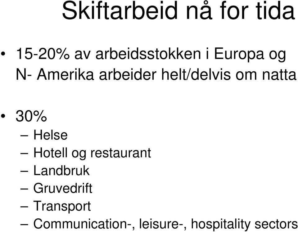 30% Helse Hotell og restaurant Landbruk Gruvedrift